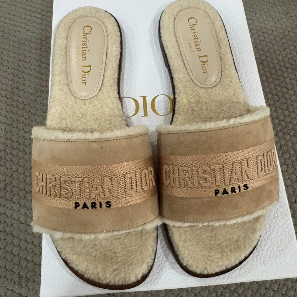 Dior Beige Shearling Slide Loafers - Picture 2 of 8